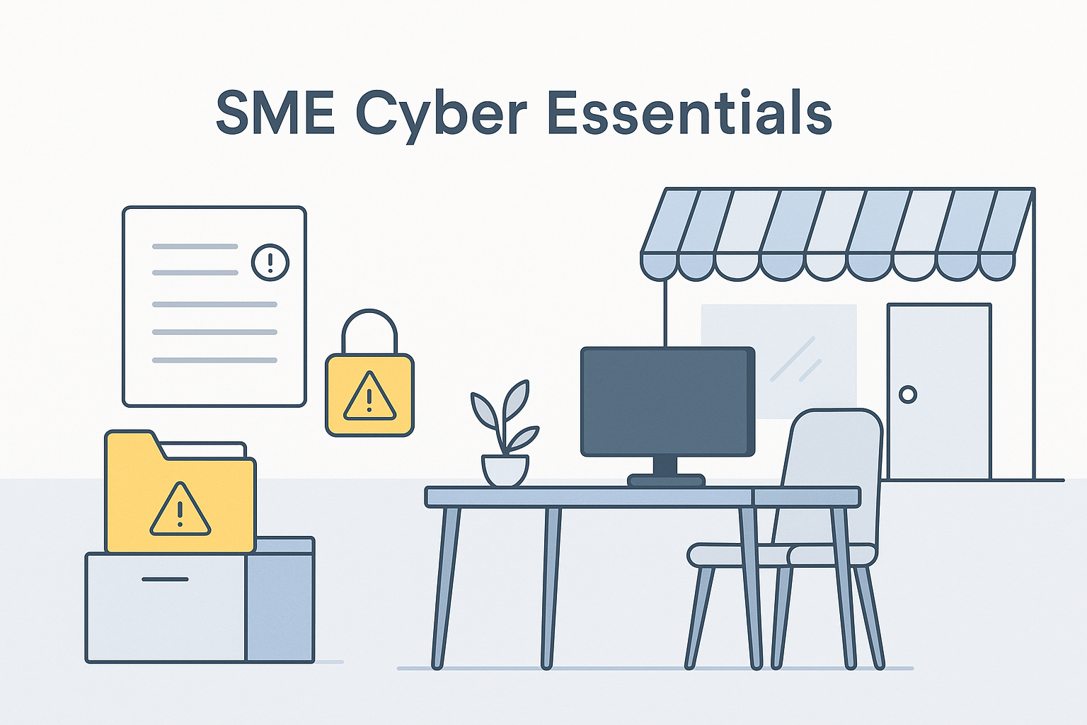 Minimalist flat illustration showing a laptop, documents, folders, and a checklist, with small warning icons indicating cyber alerts. Designed in soft blues and greys under the heading ‘SME Cyber Essentials’.