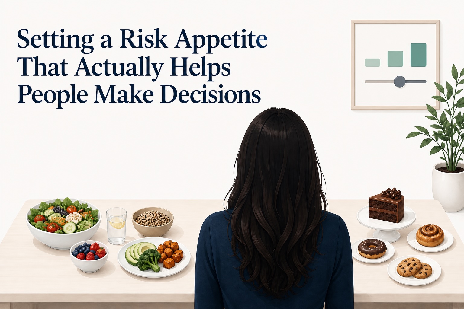 Minimalist illustration of a person overlooking a table with various food options from healthy to sweet treats.