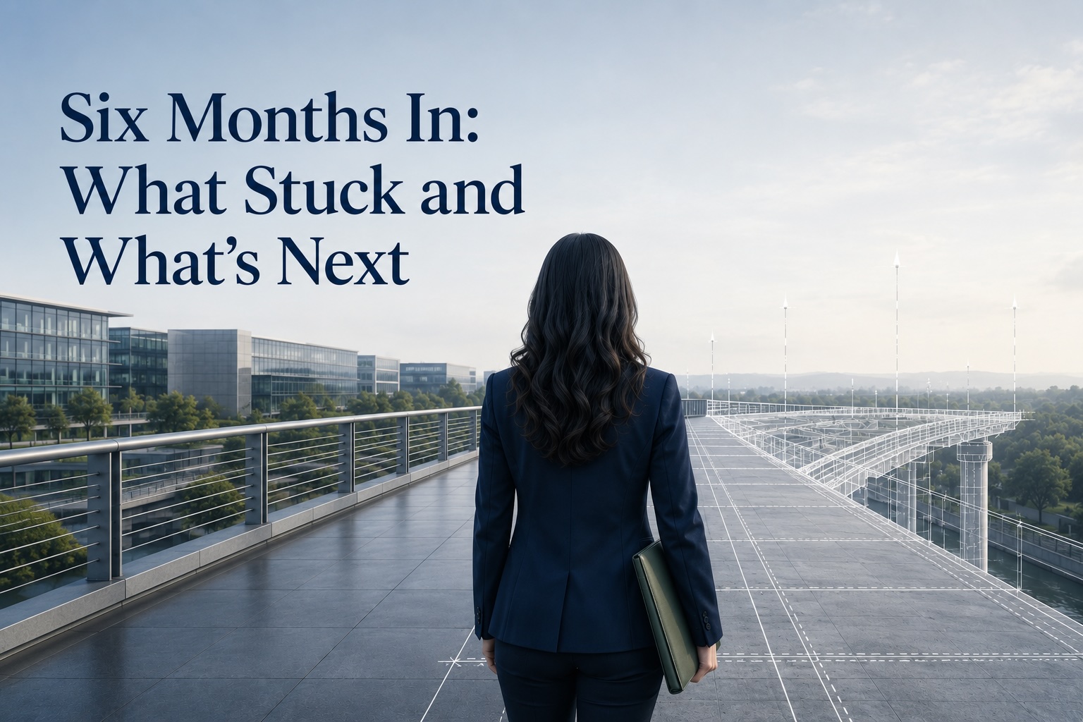 Professional woman in business suit standing on modern bridge overlooking office buildings