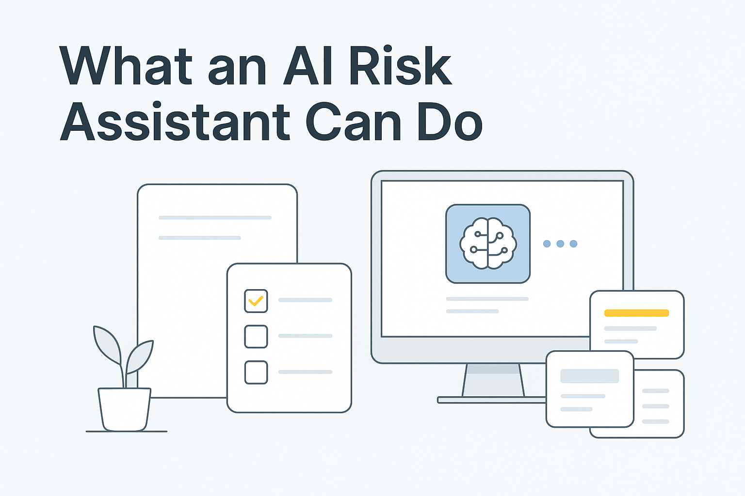 Minimalist workspace illustration with an AI brain icon on a monitor, surrounded by simple documents, checklists and cards